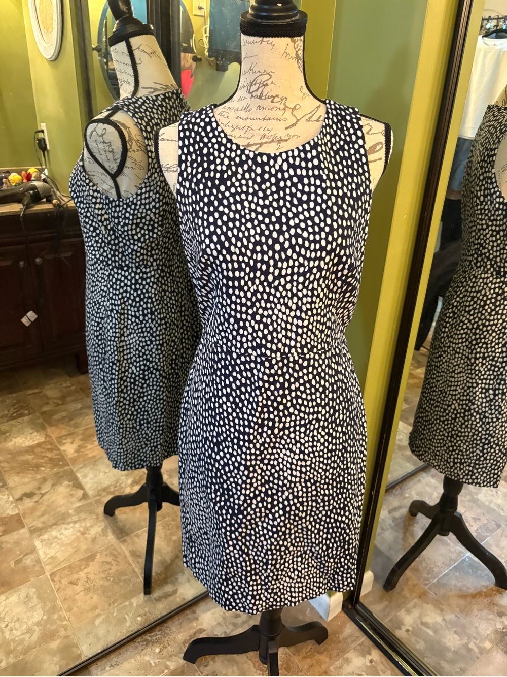 J. Crew Navy and White Dot Midi Sheath Dress